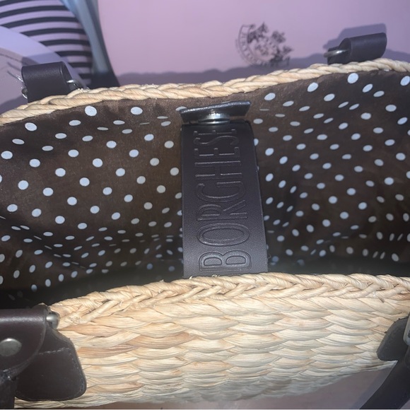 Borghese Straw Jute Shoulder Bag with Brown and White Polka Dot Lining NWT - Picture 6 of 8